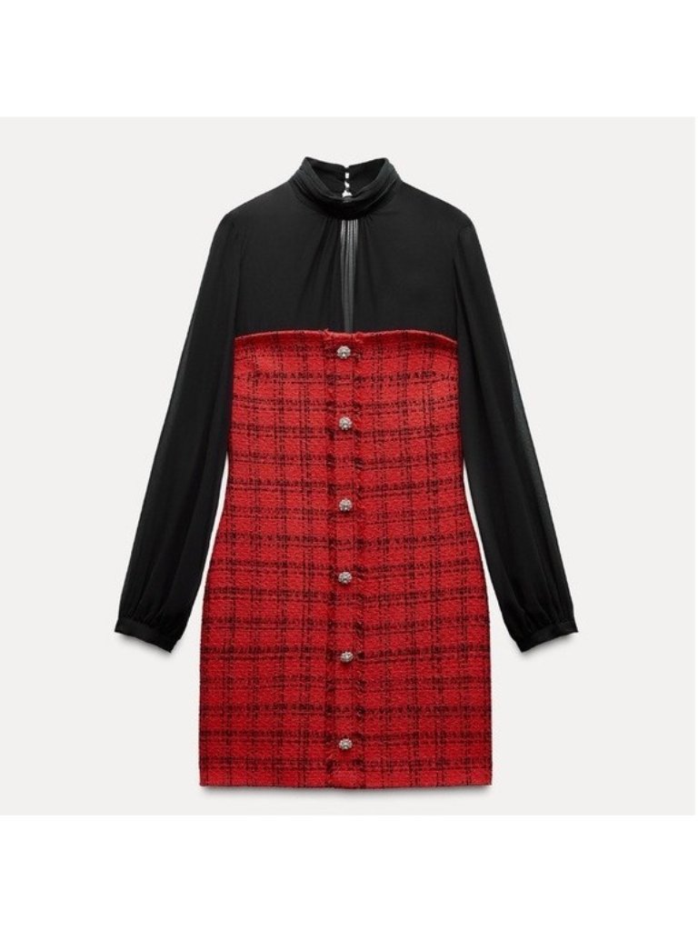 Zara Womens Mini Dress Small Red Black Plaid Tweed Chiffon Sheer 8982/155 Nwt